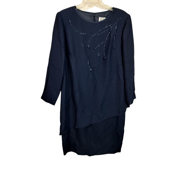 3809)Vtg R&M Richards Navy beaded Floral Long Sleeve Overlay Sheath Dress 16 - Picture 1 of 10